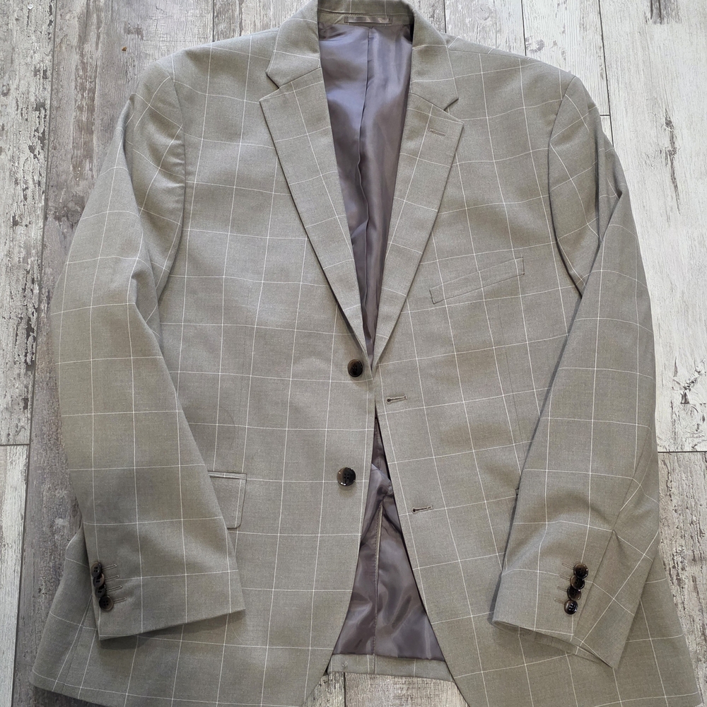 50R Men's H&M Tan Windowpane Slim Fit Blazer 2 Button Sport Coat